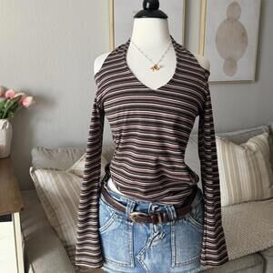 Striped Open-Shoulder Halter Long Sleeve Top (AXARA Paris)